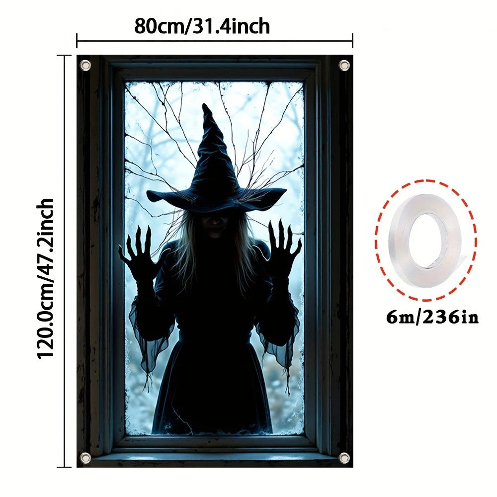 Decoração de Janela de Halloween com Silhueta 2D de Bruxa, Banner e Cortina com Estampa de Mão de Fantasma Assustadora para Festa em Casa e Decoração de Casa Assombrada