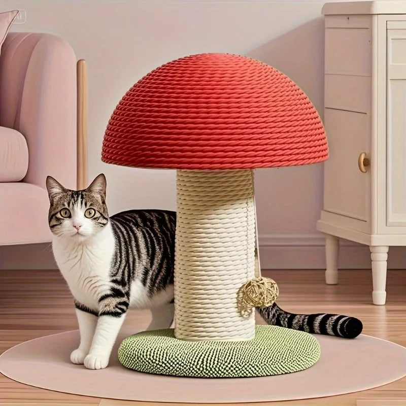 Tirador de gato em forma de cogumelo vermelho com almofada de sisal, mini vila para animais de estimação e base pom-pom verde