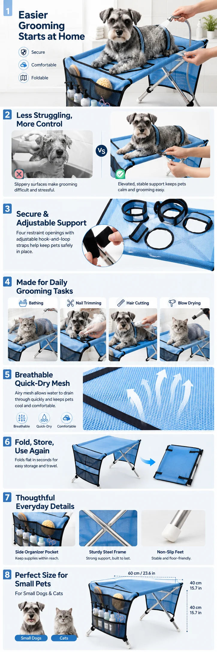 Mesa de Tosa para Cães e Gatos Pequenos, Suporte Portátil para Banho, Corte de Unhas, Corte de Pelos e Secagem com Soprador