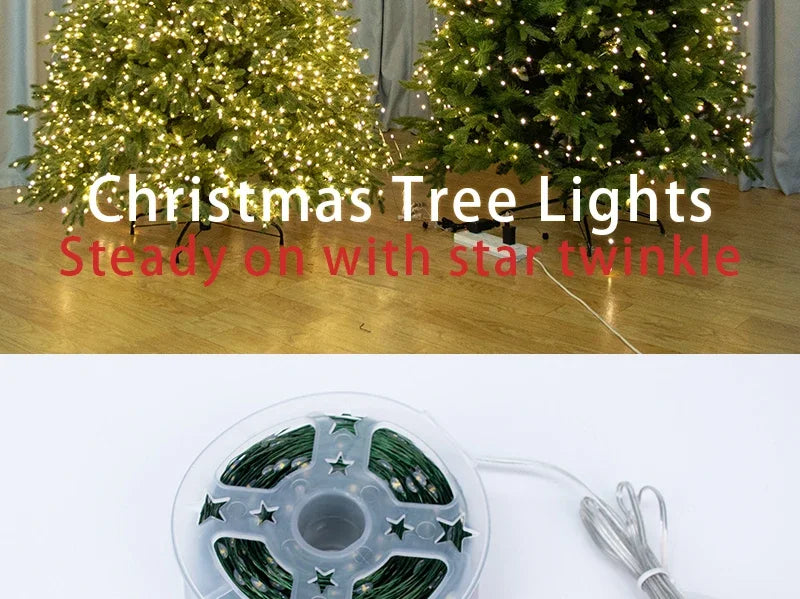Guirlanda de Natal com Estrelas Cintilantes para Decoração de Ambientes, Luzes de Fada de Natal, Luzes de Fio de Cobre Verde com Plugue, 100m 200m 300m