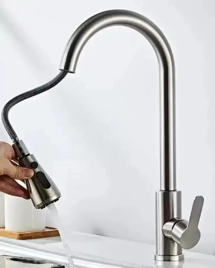 Torneira de Cozinha em Aço Inoxidável com Spray Retrátil de Um Furo 360 °   Torneira de Pia Giratória com Design Moderno de Alto Arco