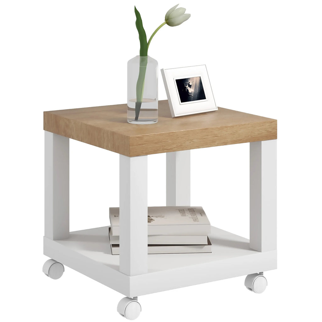 Mesa Lateral Homcom com Rodas e Prateleira Aberta para Sofá, Sala de Estar e Quarto 40X40X40 cm Natural e Branco