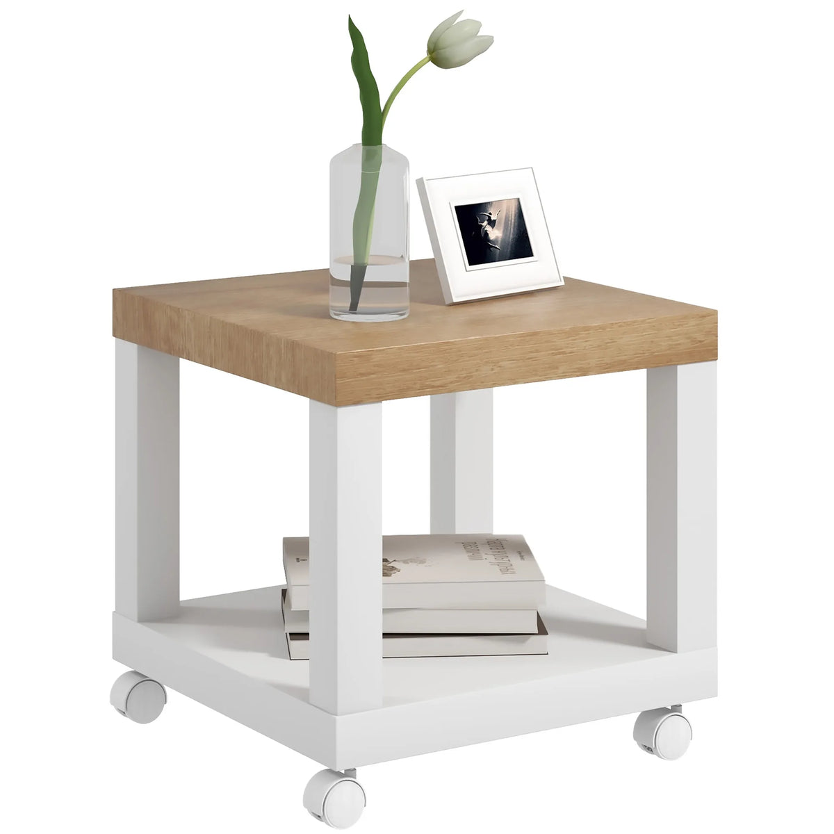 Mesa Lateral Homcom com Rodas e Prateleira Aberta para Sofá, Sala de Estar e Quarto 40X40X40 cm Natural e Branco