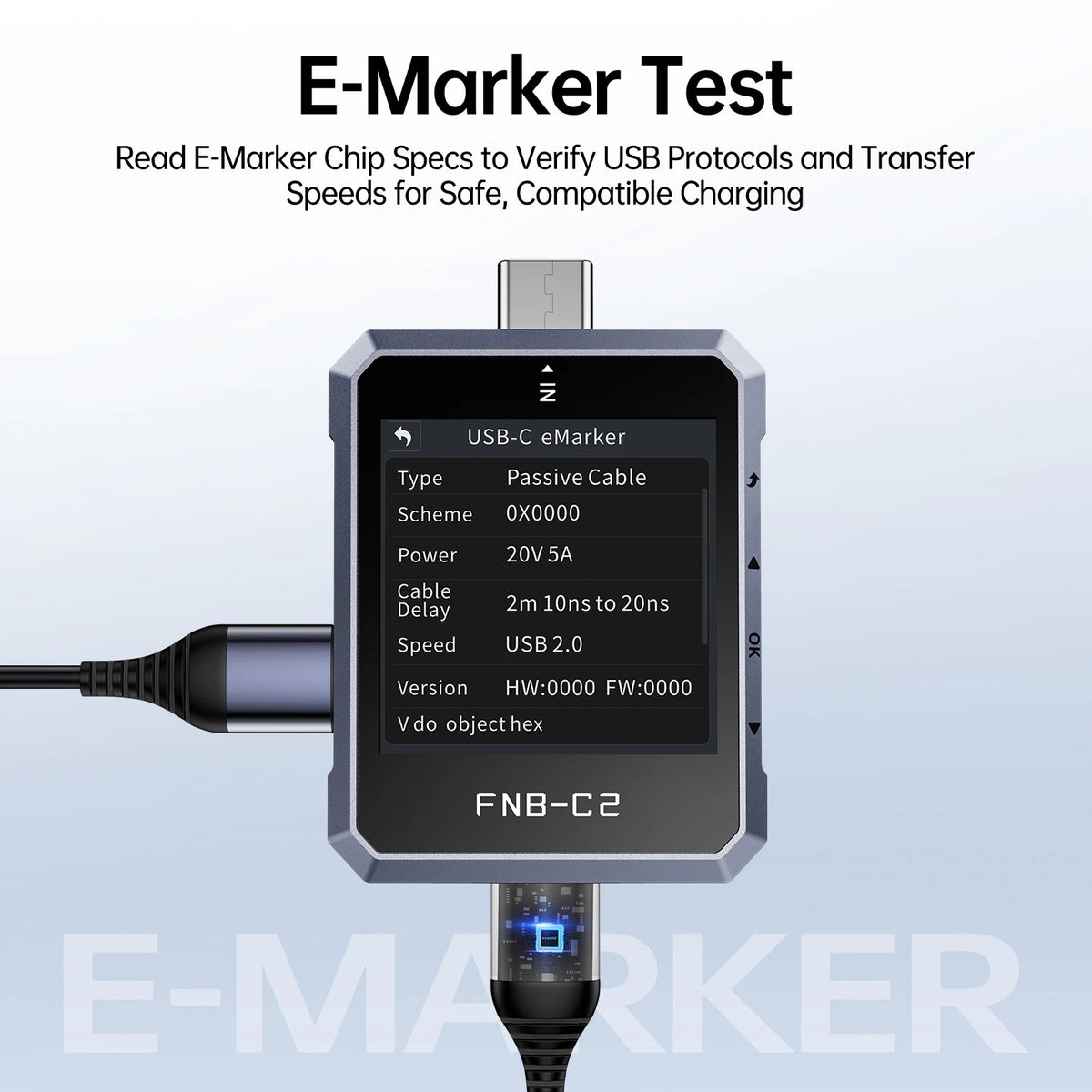 Medidor de Potência FNIRSI FNB-C2 Tipo-C – Analisador de Carregamento Rápido 240W PD3.1 & QC5.0 para Power Banks, Carregadores USB e Smartphones