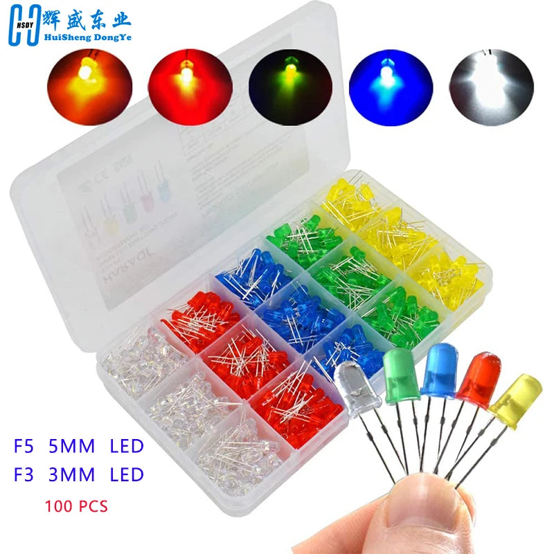 100 Pçs/lote 3mm 5mm F3 F5 LED Redondo Ultra Brilhante Branco Verde Amarelo Azul Branco Vermelho Diodo Emissor de Luz Para Kit Diy Kasa & Pet