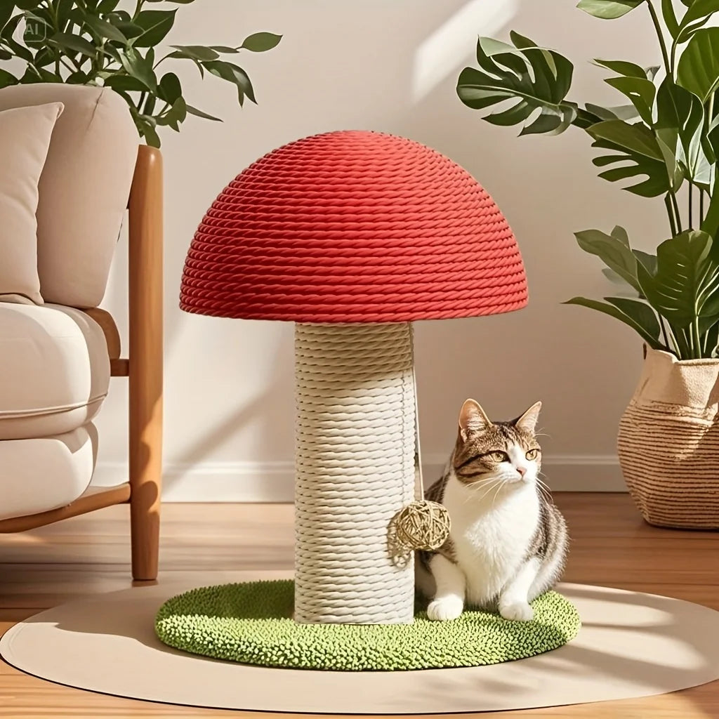 Tirador de gato em forma de cogumelo vermelho com almofada de sisal, mini vila para animais de estimação e base pom-pom verde
