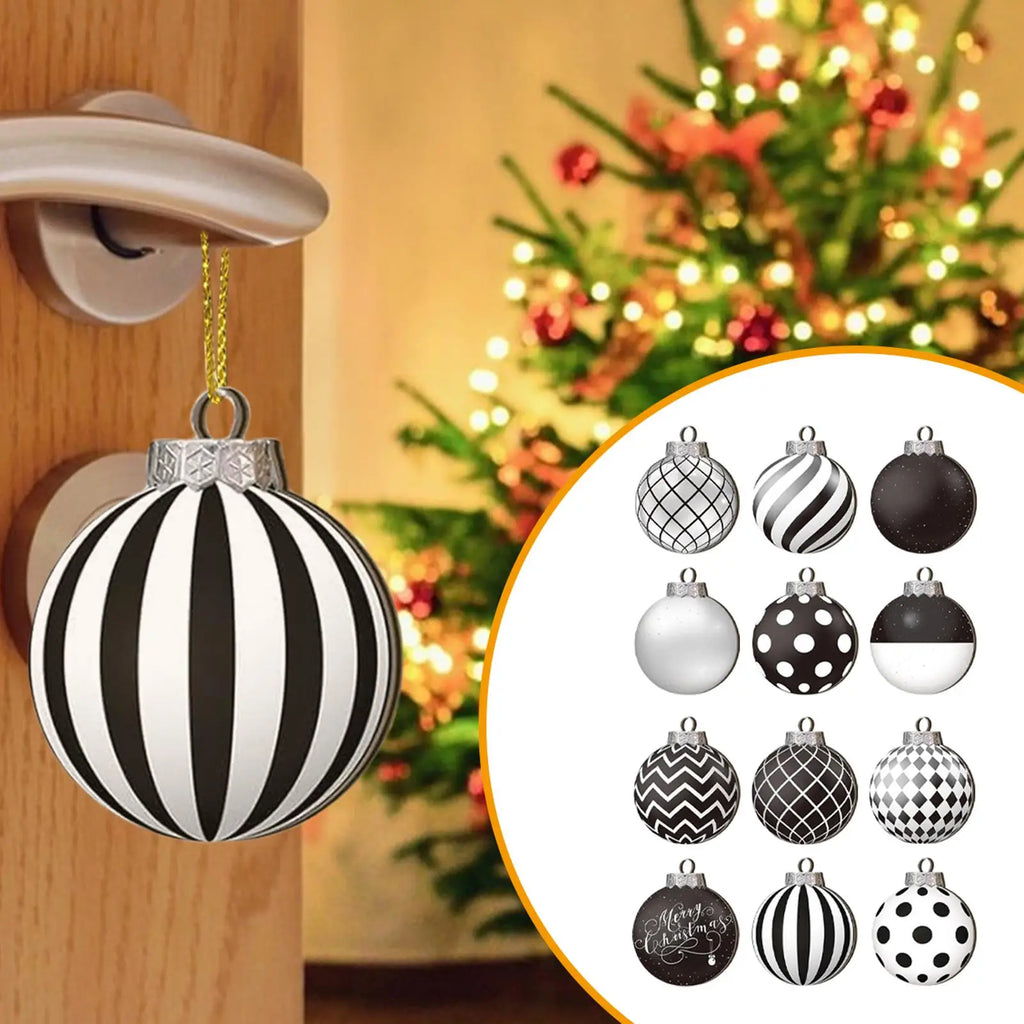 12pçs bolas de natal pretas e brancas, bola suspensa pintada à mão, pingentes de árvore de natal, decoração de casa, presentes de ano novo 2025