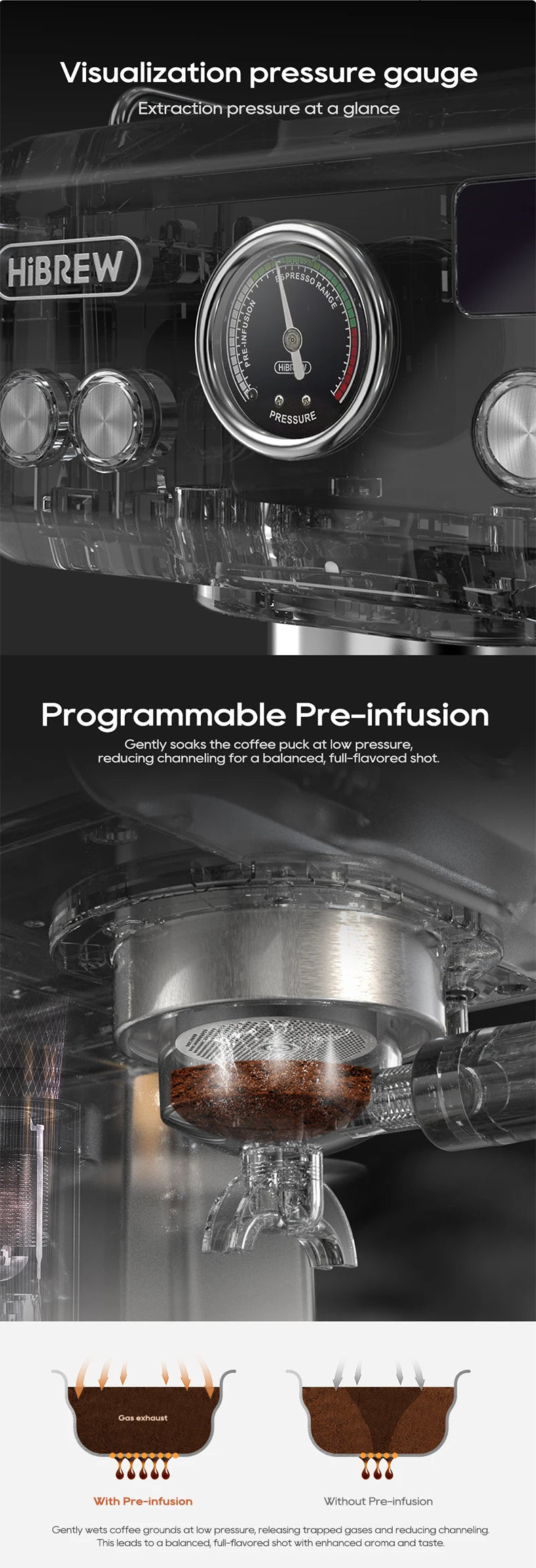Hibrew 20bar semiautomática máquina de café expresso temperatura ajustável 58mm portátil frio/quente cafeteira metal caseh10a