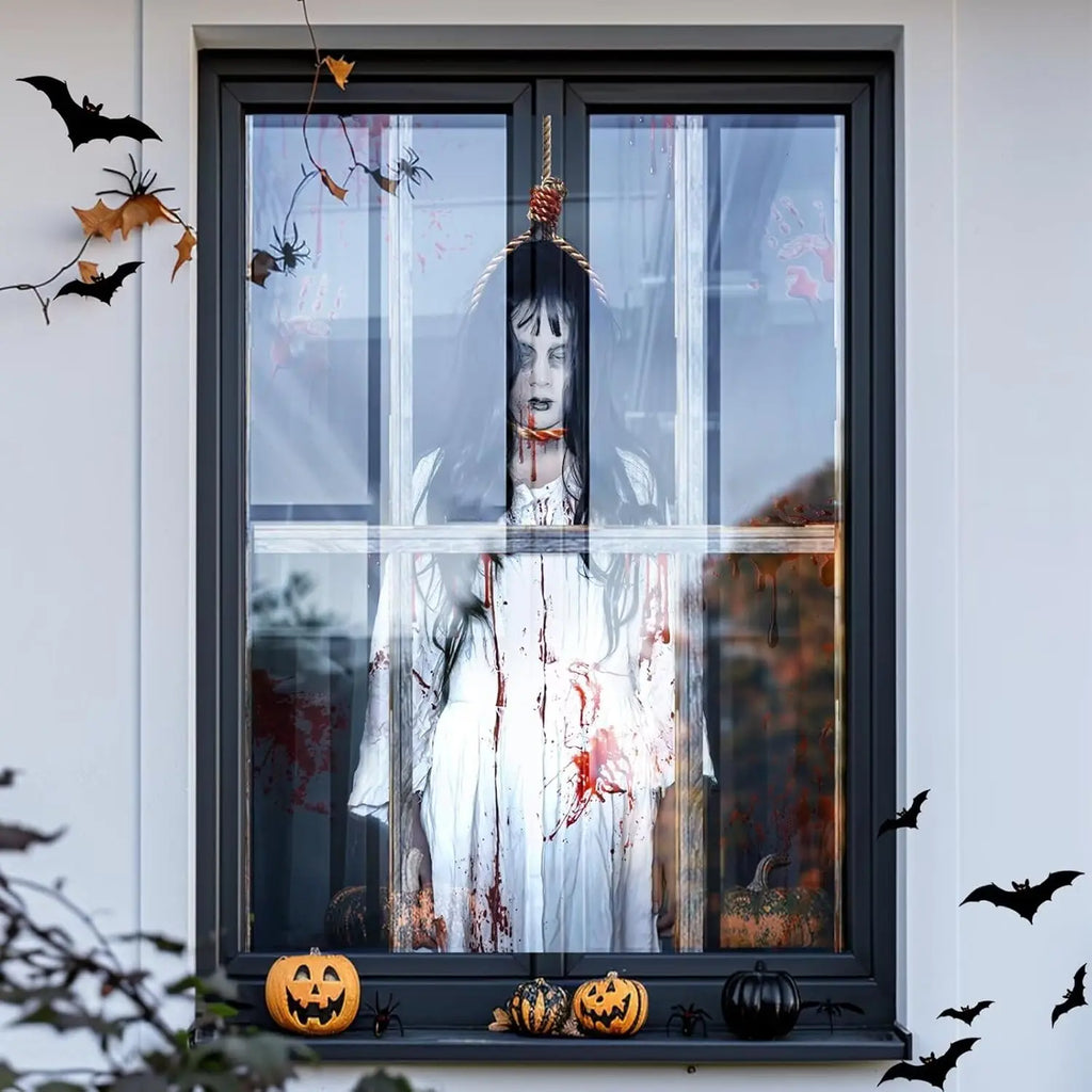 Decorações de capa de janela de Halloween – Tecido assustador, pôster de cortina de silhueta de porta assustadora para decoração de festa interna e externa