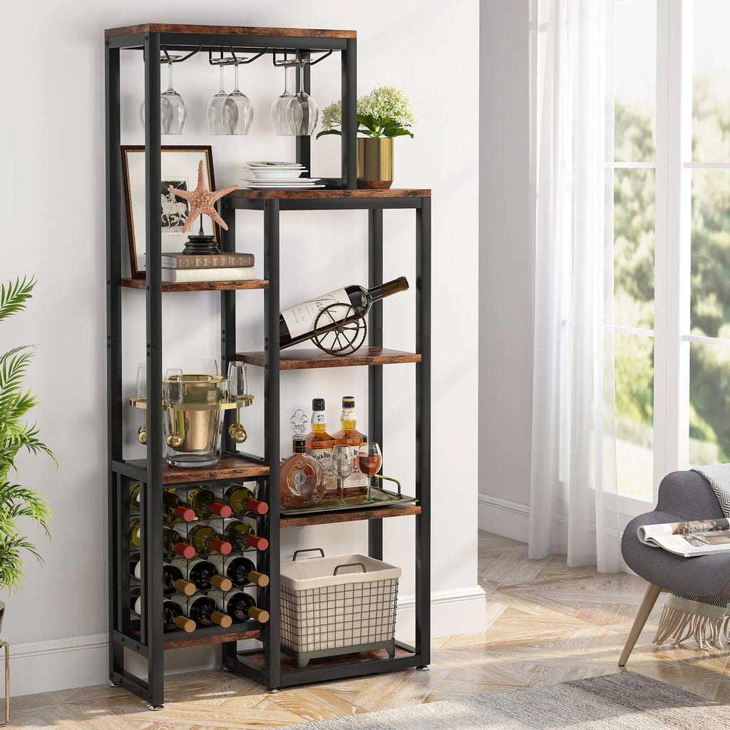Cremalheira autônoma do vinho do assoalho das tribos com suporte de vidro e armazenamento do vinho, prateleira de exposição industrial do vinho, padeiro Rack, 5-Tier