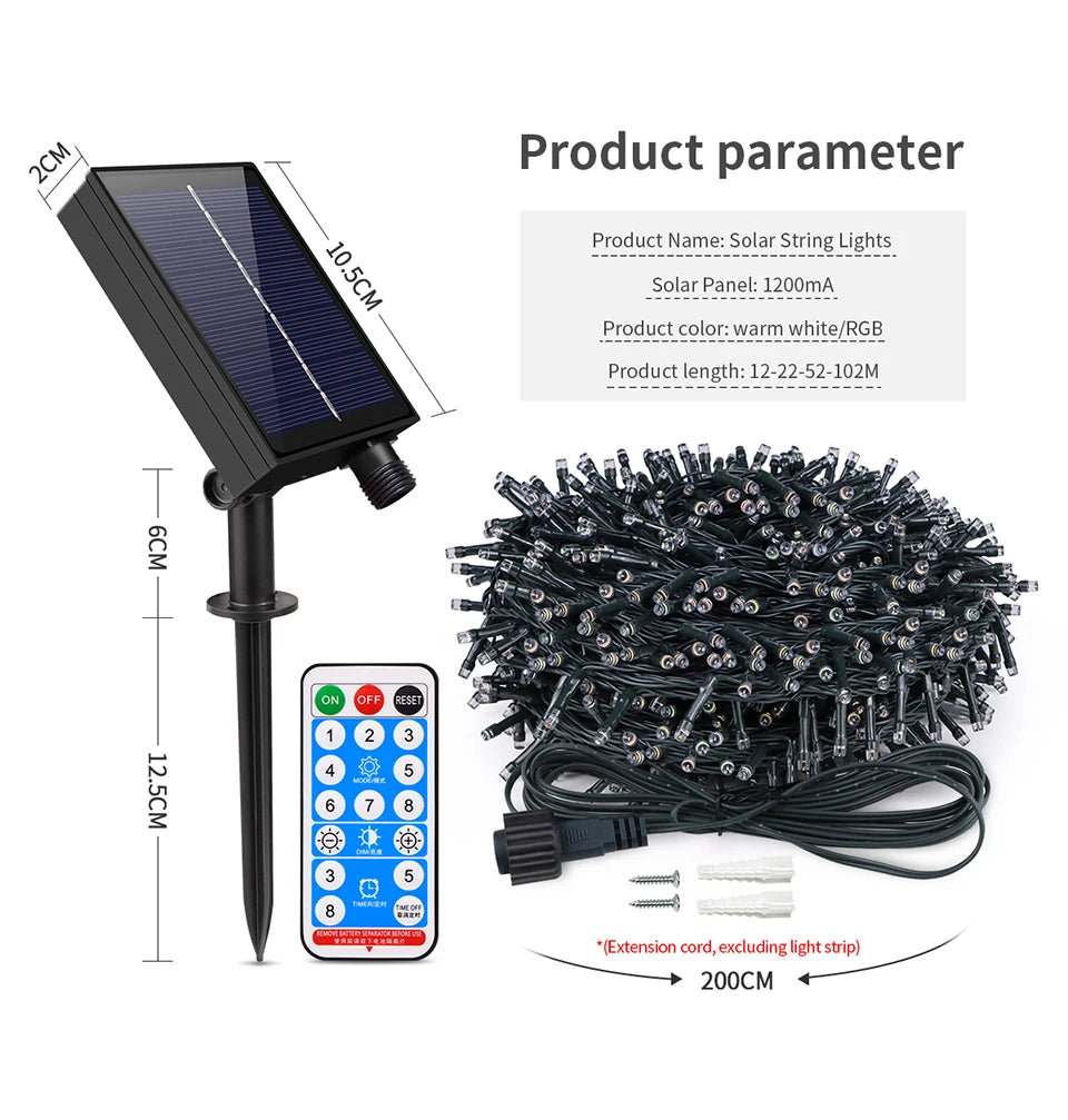 Luz Solar LED de 50m, 100m, 20m para Decoração de Jardim, Decoração Externa, Cordão de Luz de Natal, Lâmpada Solar com Bateria