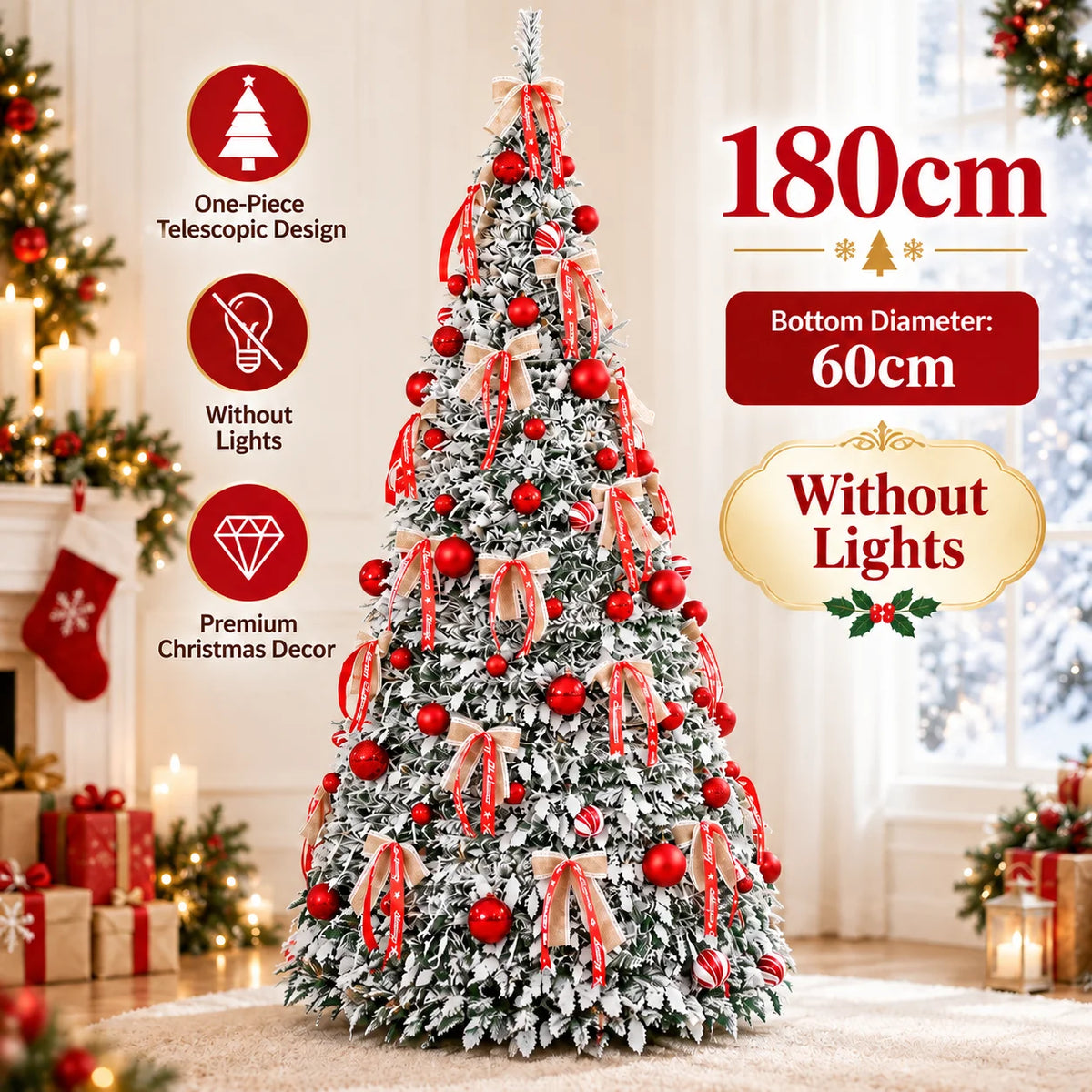 Árvore de Natal Dobrável com Luzes LED e Enfeites, Árvore de Natal Integrada de Alta Qualidade de 120cm a 180cm, Decoração para Festa de Natal em Família