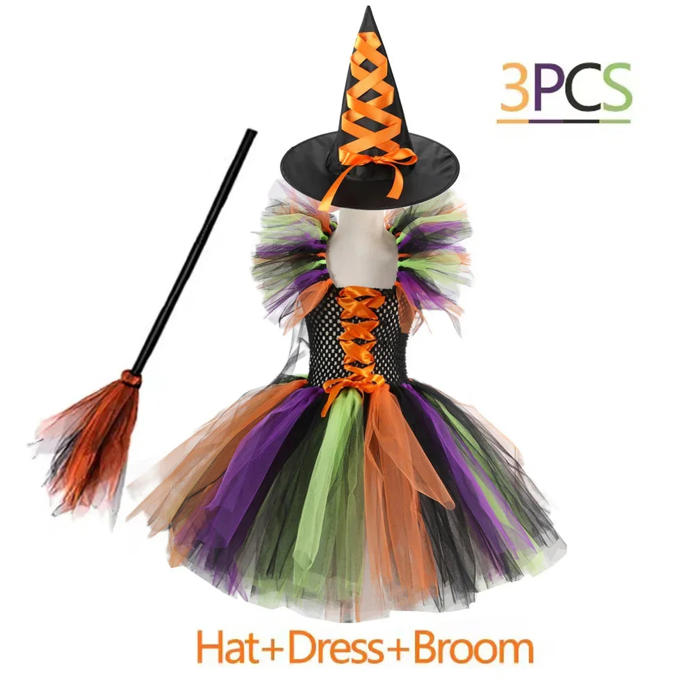 Crianças trajes de bruxa de halloween para meninas carnaval festa fantasia vestido crianças bruxas disfarce tutu roupa com vassoura chapéu