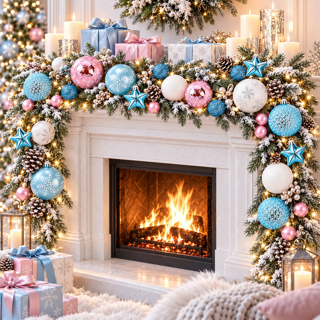 Conjunto de 44 enfeites de bolas de Natal, bolas azuis, rosas e brancas, floco de neve e estrela para decoração de árvore de Natal.