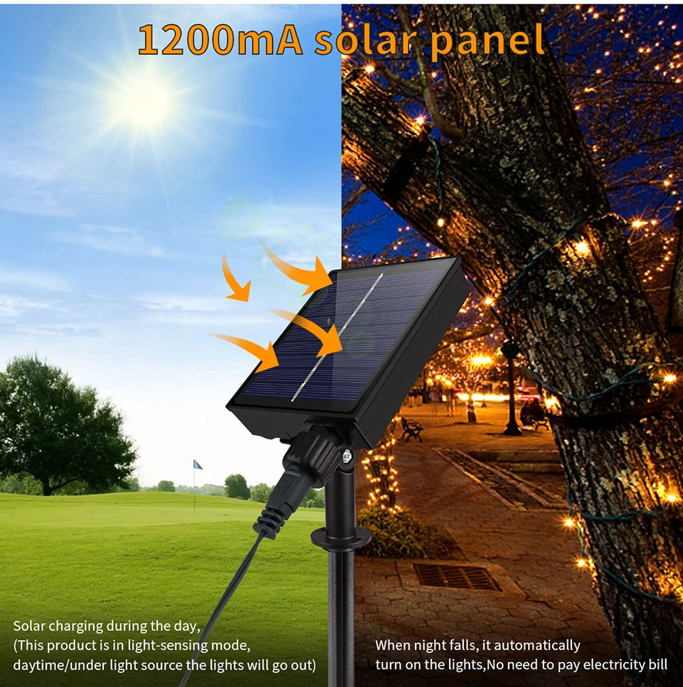 Luz Solar LED de 50m, 100m, 20m para Decoração de Jardim, Decoração Externa, Cordão de Luz de Natal, Lâmpada Solar com Bateria