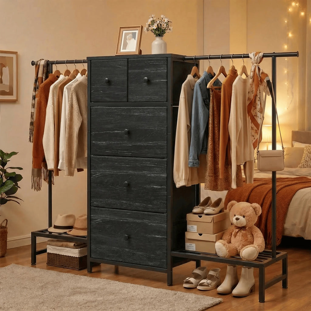 Cômoda e Cabideiro 3 em 1 – 147 cm de Largura com 5 Gavetas e Sapateira, Ganchos Laterais para Armazenamento no Quarto e Closet