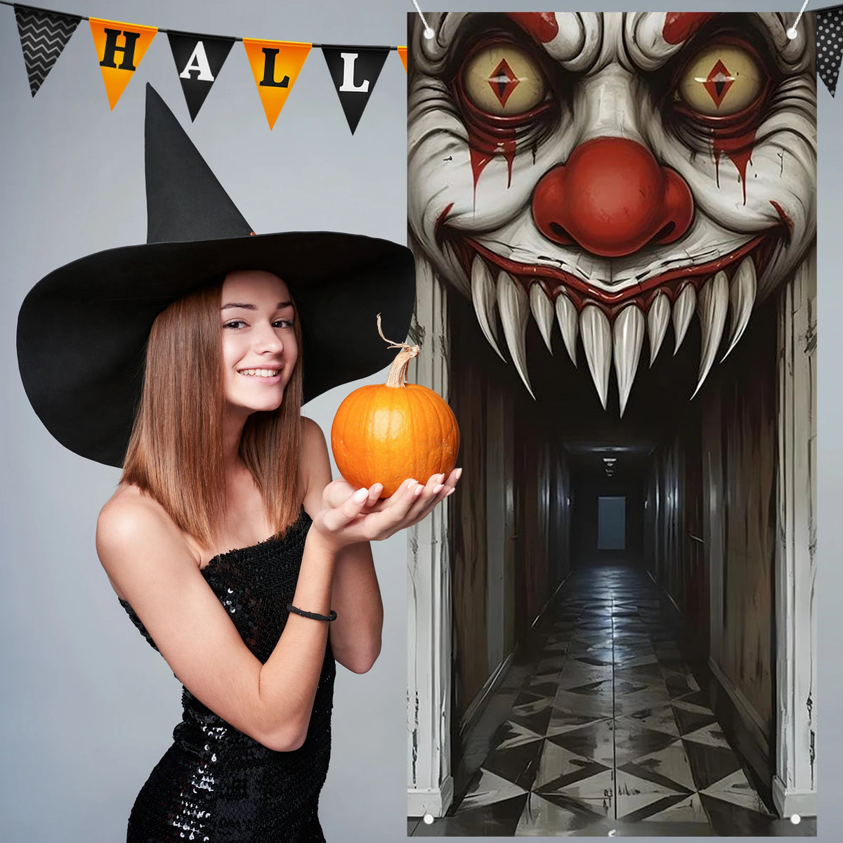 Decorações de halloween capa de porta, bruxa assustadora e tema zumbi decoração de parede, interior ao ar livre casa assombrada decoração temática 2d scen
