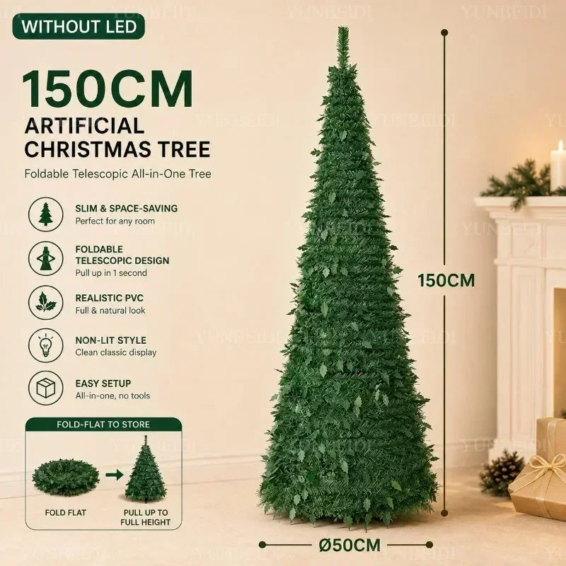 Árvores de Natal Artificiais com Luzes LED Decorativas, Tudo em Um, com Alturas de 1,5m a 2,1m, Decoração de Natal para Casa