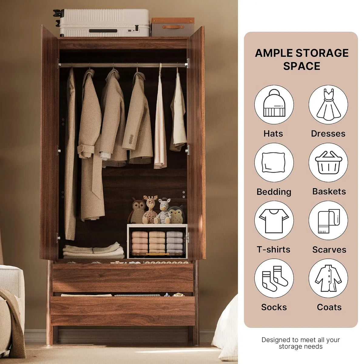 Guarda-Roupa Moderno de Nogueira com 2 Portas e 2 Gavetas, 180 cm de Altura, Armário de Quarto com Puxadores Ocultos, Armazenamento de Madeira Independente