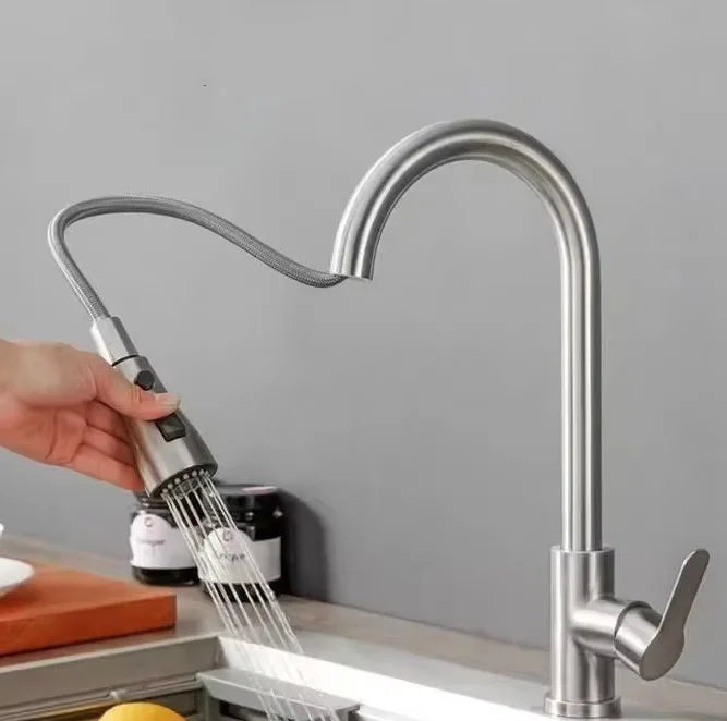 Torneira de Cozinha em Aço Inoxidável com Spray Retrátil de Um Furo 360 °   Torneira de Pia Giratória com Design Moderno de Alto Arco