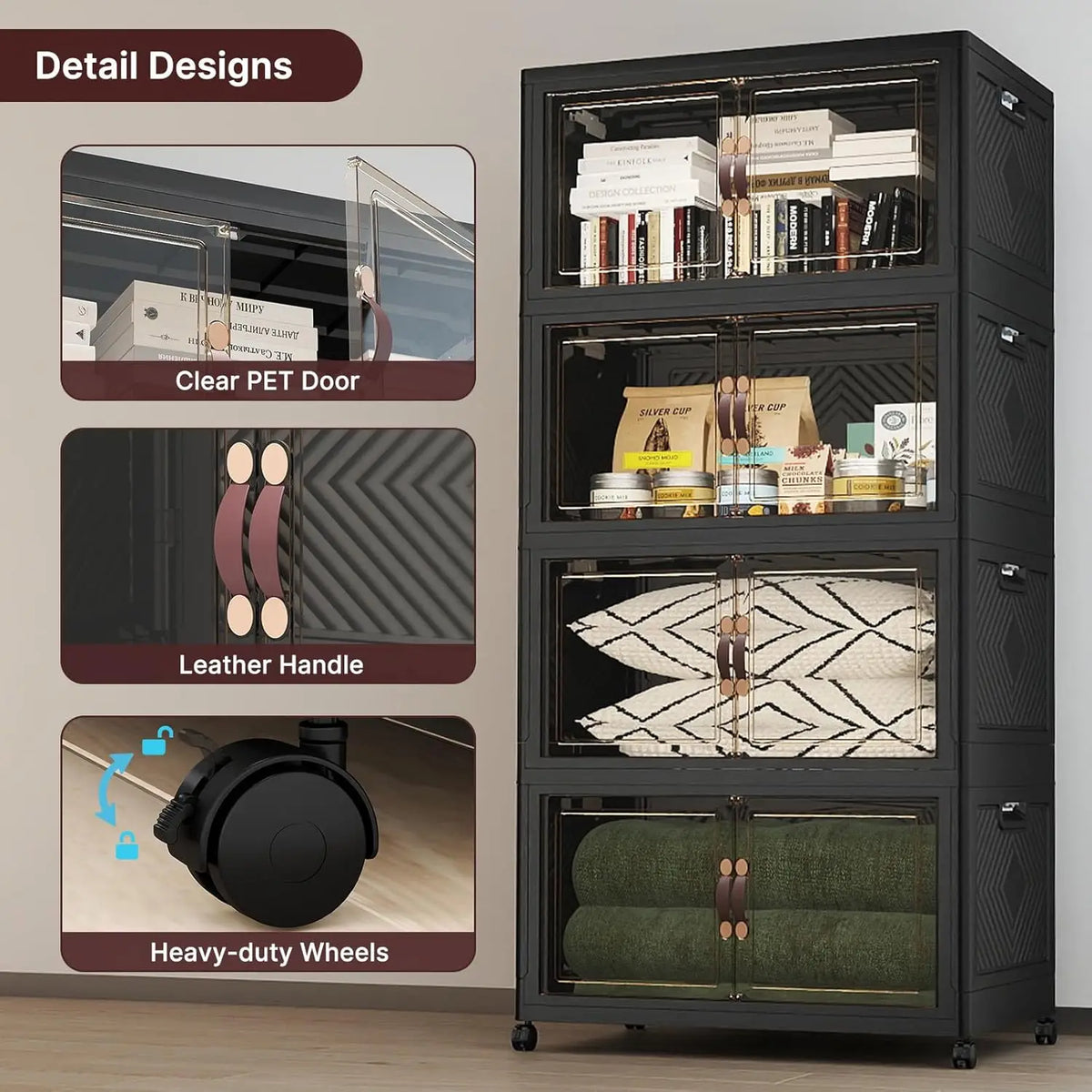 Caixas de Armazenamento com Tampas, Armário de Armazenamento com Capacidade de 640QT, Caixa de Armazenamento Dobrável com Portas e Rodas, Personalizável