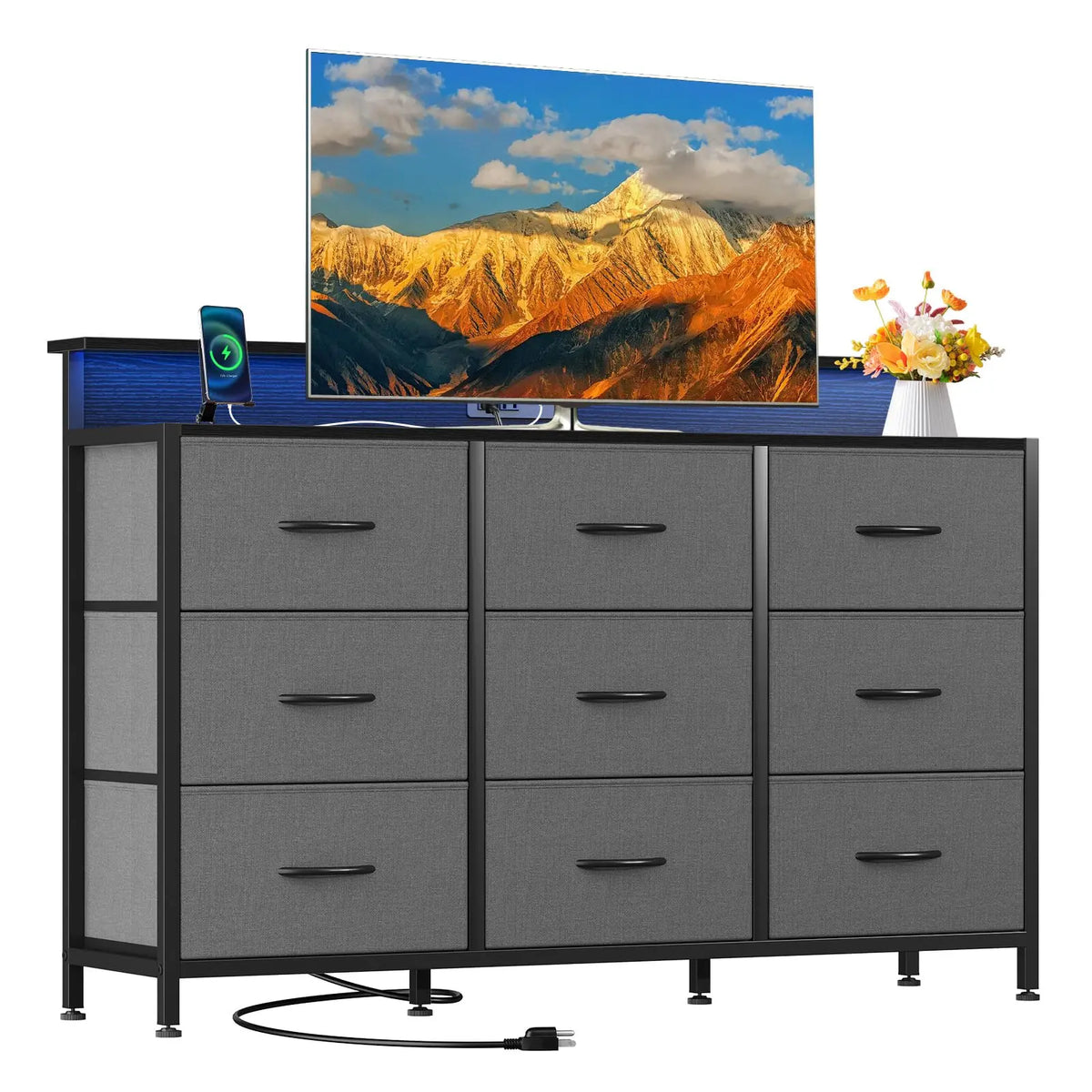 JHK Suporte de TV cômoda com 9 gavetas de tecido Console de mídia superior de madeira para suporte de TV de 32-52 polegadas com exibição de armazenamento de móveis