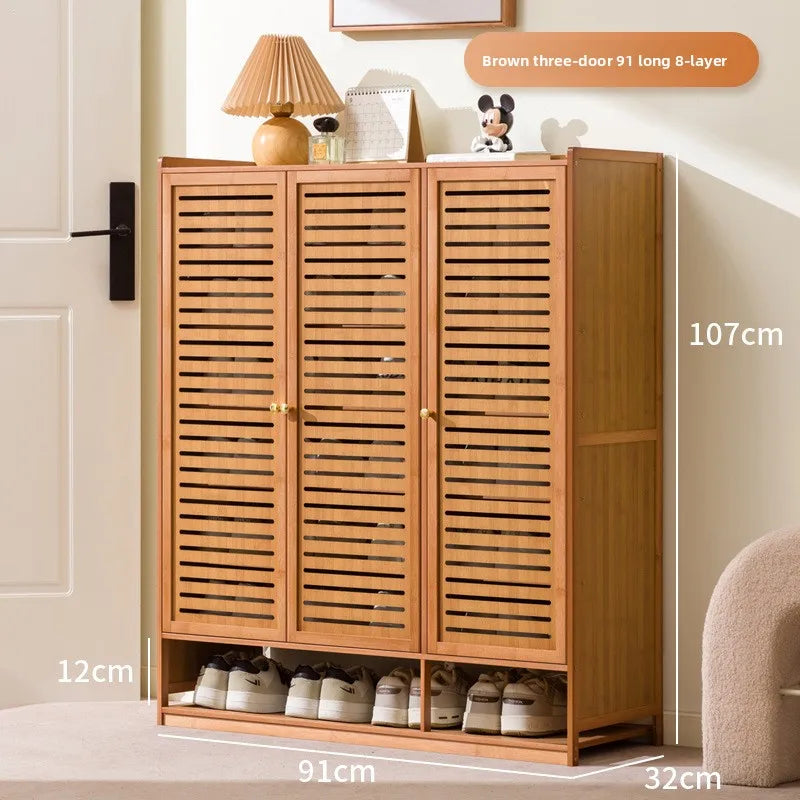 Armário de Sapatos de Bambu com Porta de Persiana, Armário de Armazenamento Multicamadas para Sala de Estar, Armário de Jantar, Armário de Utensílios de Cozinha