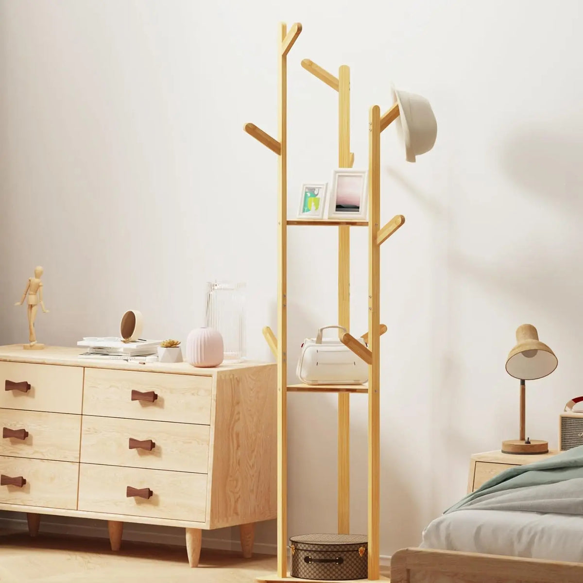 Cabideiro de Bambu: Cabideiro Robusto com 9 Ganchos e Base Estável, Cabideiro para Entrada, Capacidade Máxima de Carga 15kg, Ideal para Casa, Quarto, Sala de Estar, 160X36X36Cm