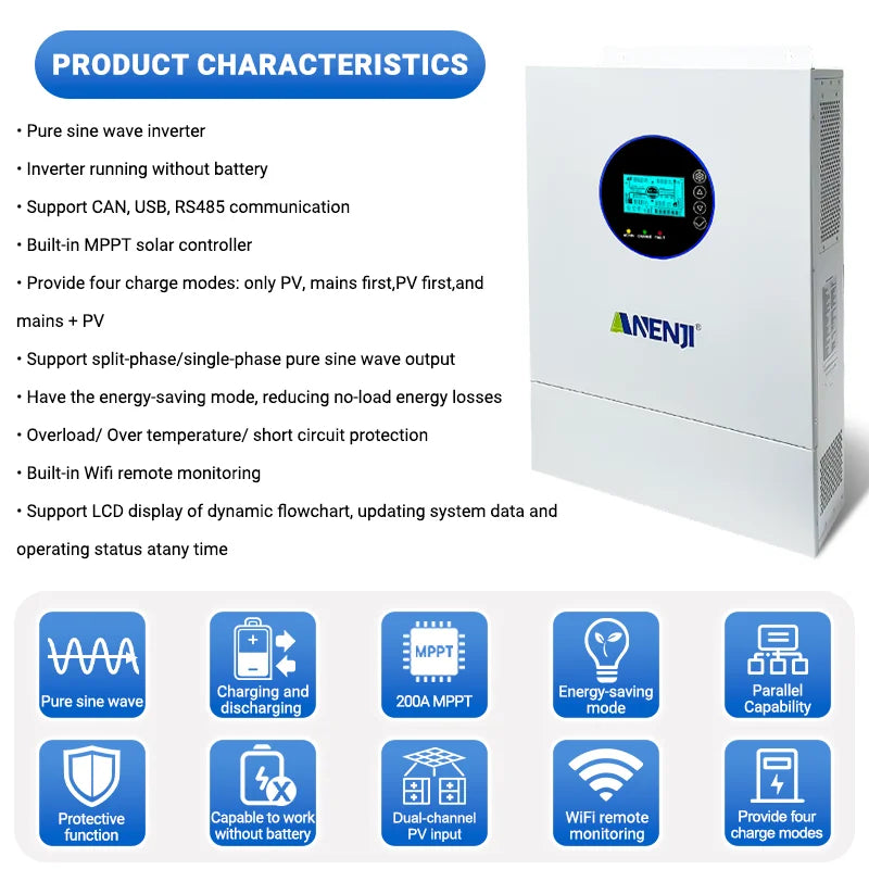 Inversor Solar Híbrido ANENJI de Fase Dividida 12KW 48V com 2 MPPT, AC 120VAC 240VAC, Onda Senoidal Pura, Off Grid, Carregador Solar MPPT 200A, Entrada Dupla PV 500VDC