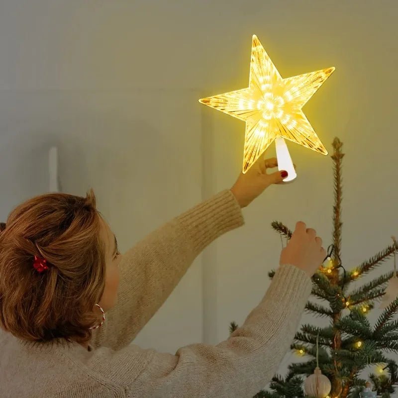 Estrela de natal árvore topper luzes led brilhante estrela lâmpada espumante luz da noite árvore de natal ornamentos superiores ano novo decoração de festa em casa