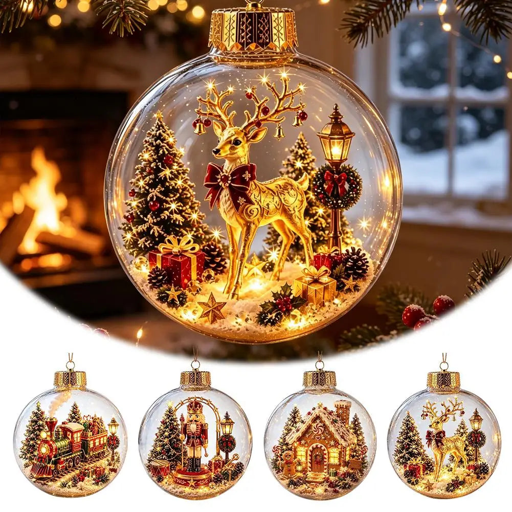 Decorações de Natal com Luzes, Criativas, com Temas de Quebra-Nozes, Rena, Boneco de Neve, Árvore de Natal Brilhante, Pingente de Bola de Cristal