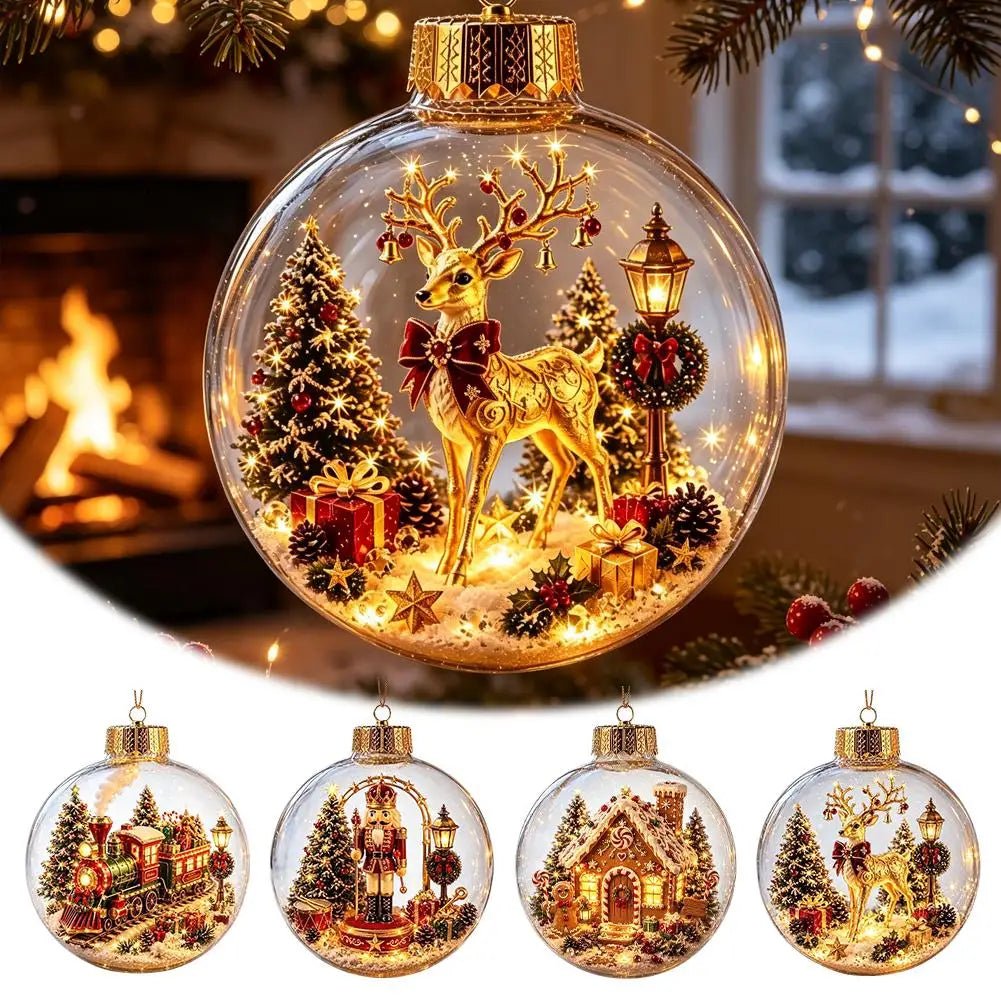 Decorações de Natal com Luzes, Criativas, com Temas de Quebra-Nozes, Rena, Boneco de Neve, Árvore de Natal Brilhante, Pingente de Bola de Cristal
