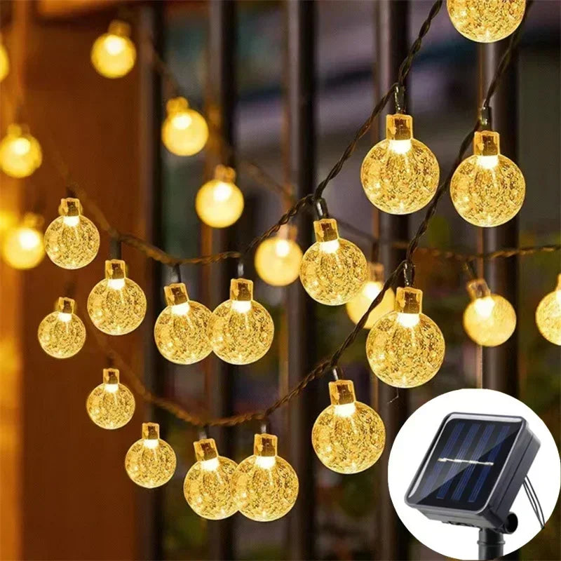 Luzes de cordão solares para exterior, luzes de globo de cristal LED, luzes de fada solares à prova d'água para decoração de jardim, Natal e exteriores