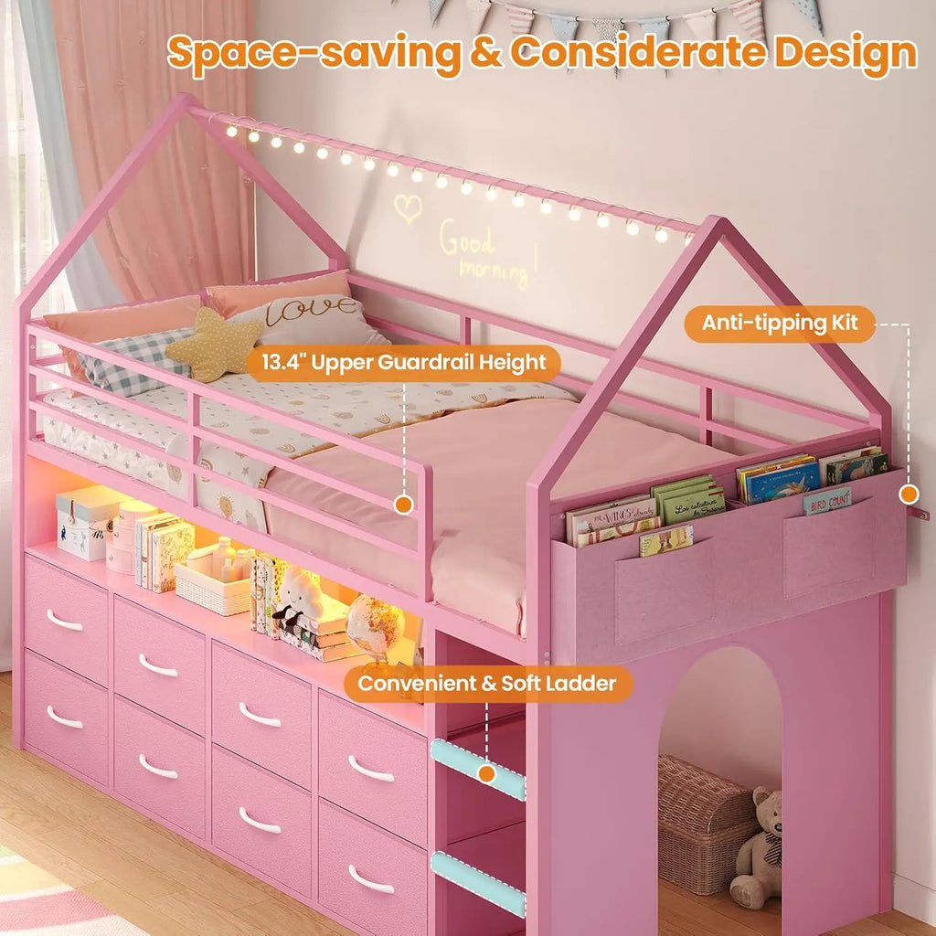 Cama Loft de Tamanho Twin para Crianças, com 8 Gavetas de Armazenamento e Luzes LED, Cama de Metal em Forma de Casa com Estante, Escada de Espuma Macia, 13.4