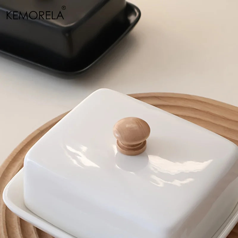 Prato de Manteiga de Cerâmica com Tampa, Caixa Retangular Selável para Armazenamento de Queijo, Elegante e de Alta Qualidade para Cozinha e Restaurante