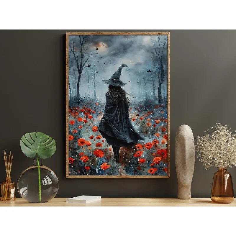 Pôster de Decoração de Parede de Halloween: Bruxa Sombria no Bosque com Flores - Impressão em Tela Sem Moldura para Decoração Festiva de Casa - Kasa & Pet