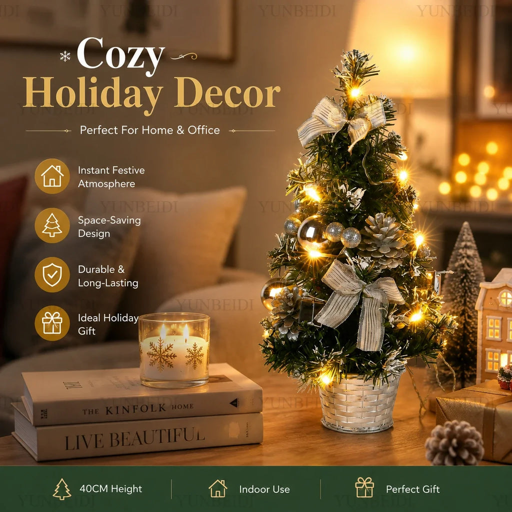 Mini Árvore de Natal Artificial de 40CM com Luzes LED, Decoração de Natal para Casa e Mesa, Presente de Ano Novo