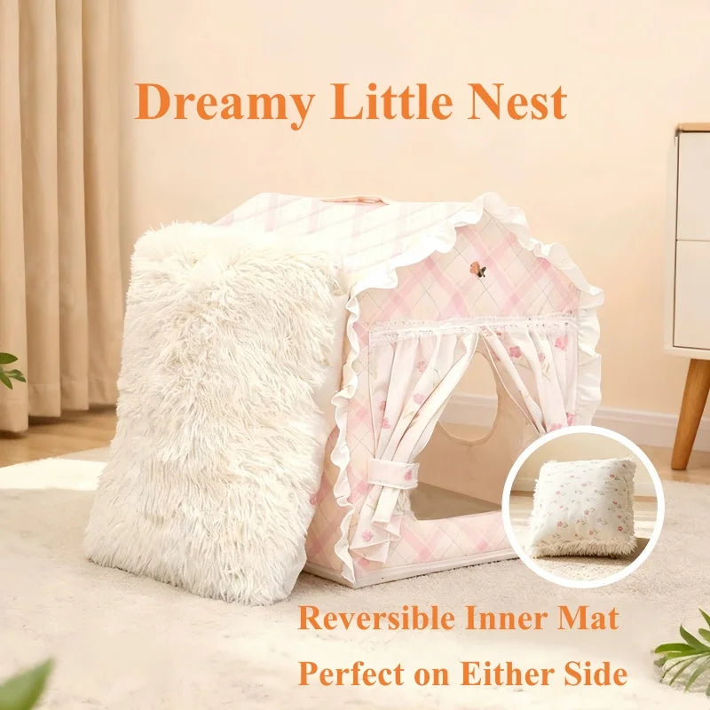 Casa para Gatos Floral Fofa com Tenda, Cama Semi-Fechada Removível e Lavável para Gatos/Cães
