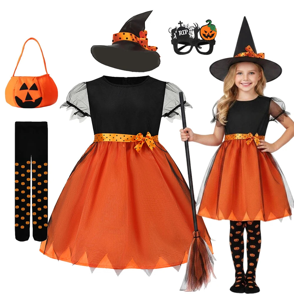 Fantasia de Halloween para Meninas 2026: Vestido de Abóbora e Bruxa com Chapéu para Carnaval e Festas - Roupa Infantil