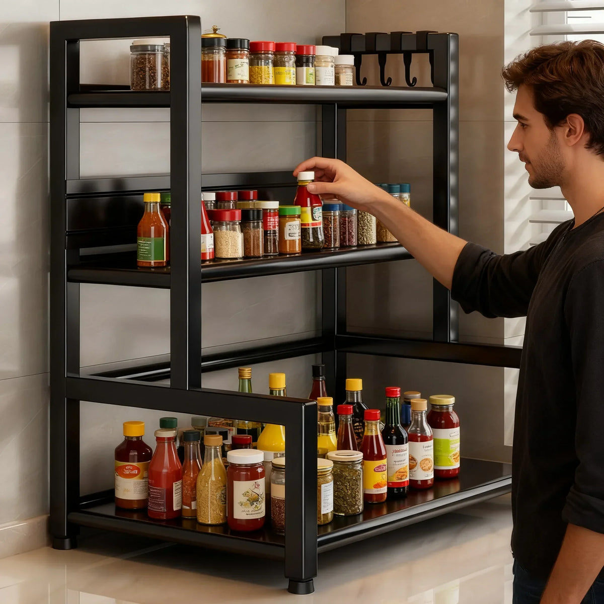 Organizador de Temperos para Cozinha, Suporte de Metal Ajustável de 3 Níveis com Ganchos para Facas, Preto