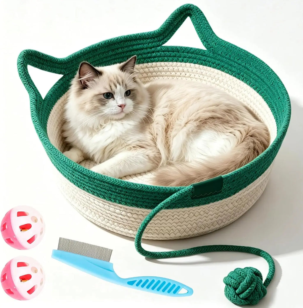 Cesto Cat Instinct - Cama Divertida de Corda de Algodão Tecida à Mão, Equipada com uma Cauda de Brinquedo