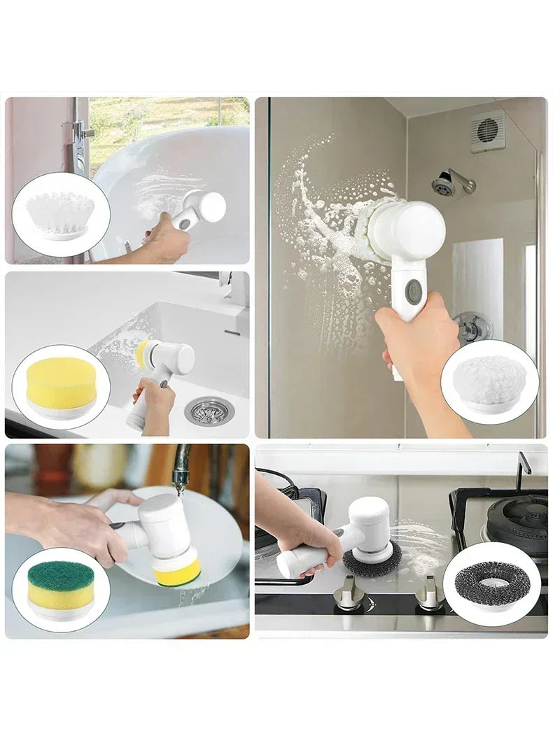 Purificador giratório elétrico sem fio 2025 com 5 escovas, limpador de banheiro recarregável à prova d'água IPX7 para limpeza de azulejos/doche/gravos