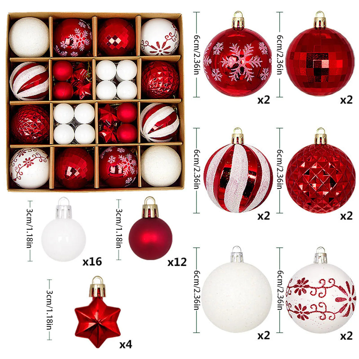 Bola de natal ornamento caixa de presente conjunto sortido azul branco floco de neve rena padrão design feriado festivo árvore pendurado decoração