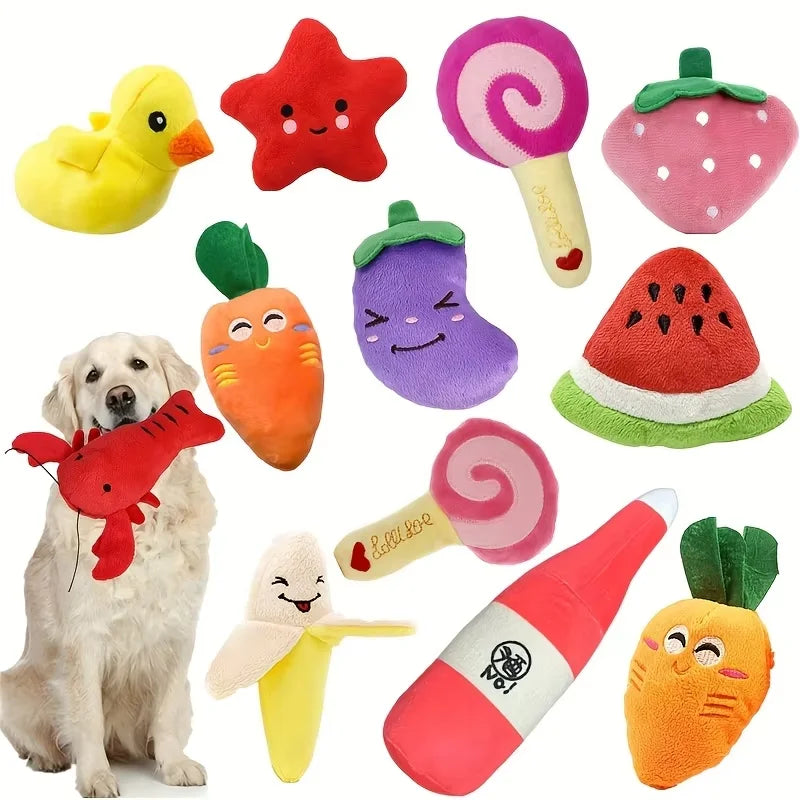 7/10 pçs conjunto de brinquedos de som de filhote de cachorro, mascar de pelúcia solta para animais de estimação, lanches de frutas de pelúcia e brinquedos de cachorro de vegetais, adequado para playm bonito