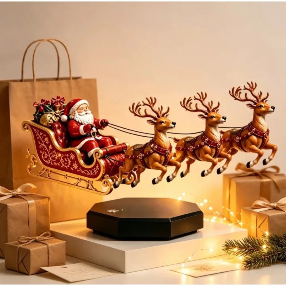 Decoração de Natal, Enfeite de Trenó de Papai Noel Maglev, Estatueta de Rena Flutuante com Base Giratória, Decoração de Casa para o Ano Novo 2027, Presentes para Festa de Natal