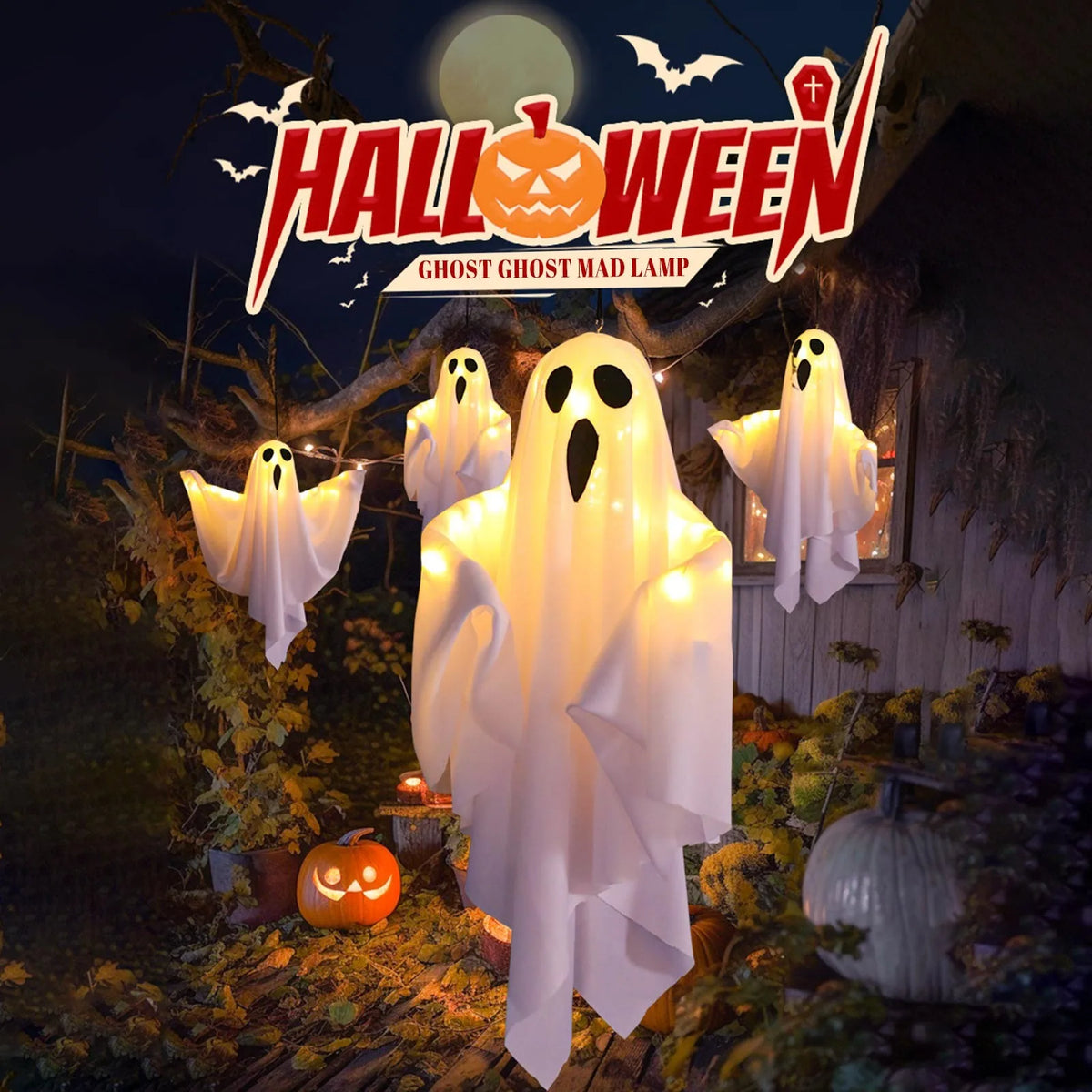 Halloween fantasma pendurado decorações halloween pendurado iluminar branco voando fantasmas árvore janela parede ornamento assustador 50x40cm