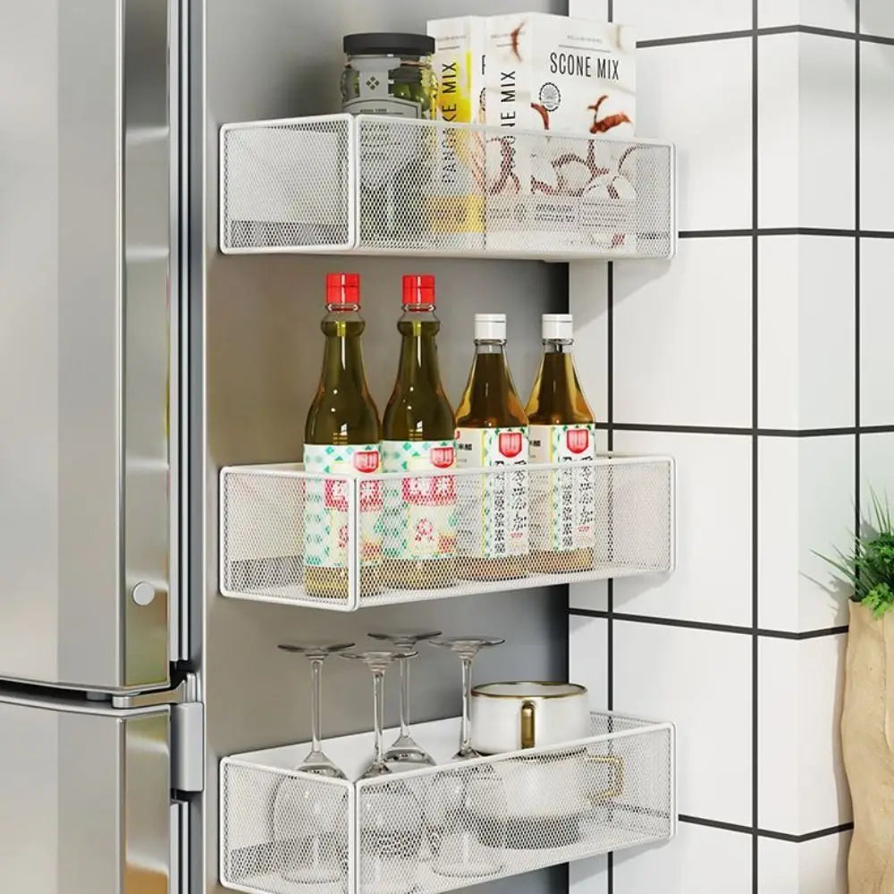 Prateleira Magnética de Metal para Refrigerador, Multifuncional, Sem Furos, Suporte Quadrado Durável para Armazenamento na Cozinha