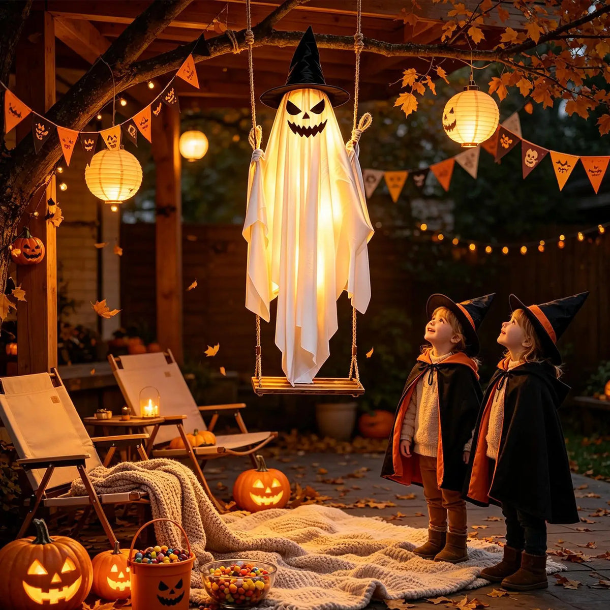 Decoração de Fantasma Balançante para Halloween, 47 Polegadas, Decoração Animada Assustadora para Exteriores, Adereços para Pendurar em Árvores de Jardim, Ornamento Assustador Iluminado - Kasa & Pet
