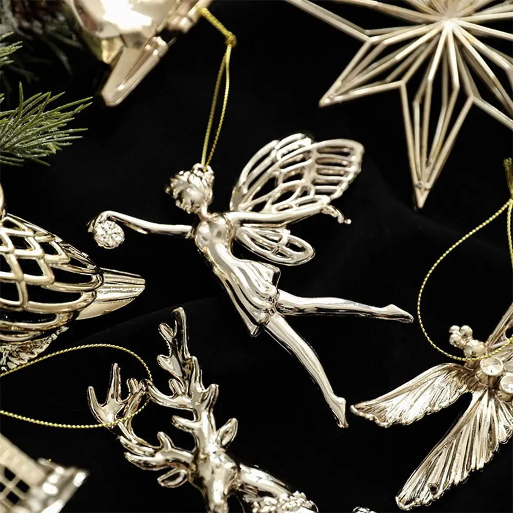 Ouro natal pendurado decoração de plástico borboleta libélula árvore de natal ornamento anjo floco de neve vitrine enfeites de natal