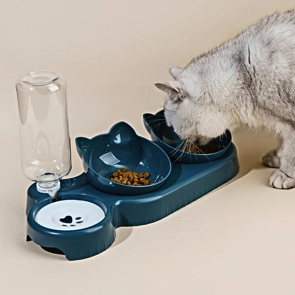 Tigelas de estimação com alimentador de água 3 em 1, design da orelha, tigela de água e comida de gato inclinada